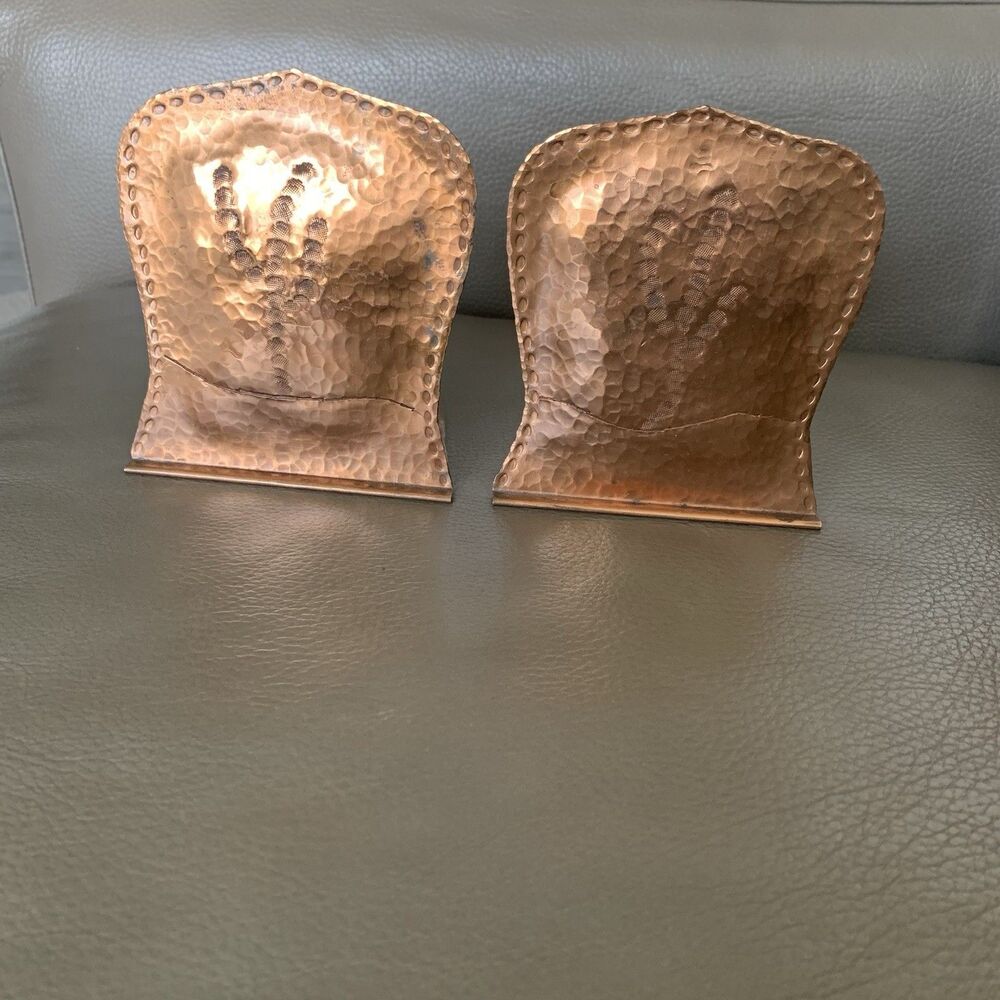 Vintage Hammered Copper Bookends Pair Rustic Tree Motif MCM Artsy Brutalist